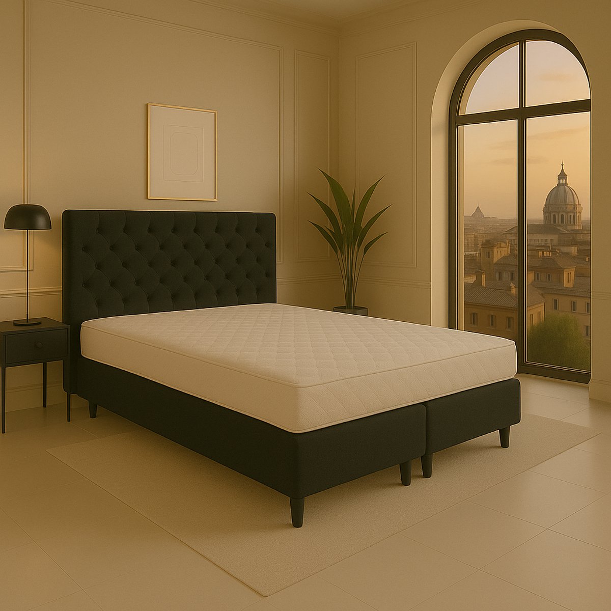 Boxspring vlak Roma 200x220 cm Luxe Pocketvering Stof zwart Gratis 2x Hoofdkussens