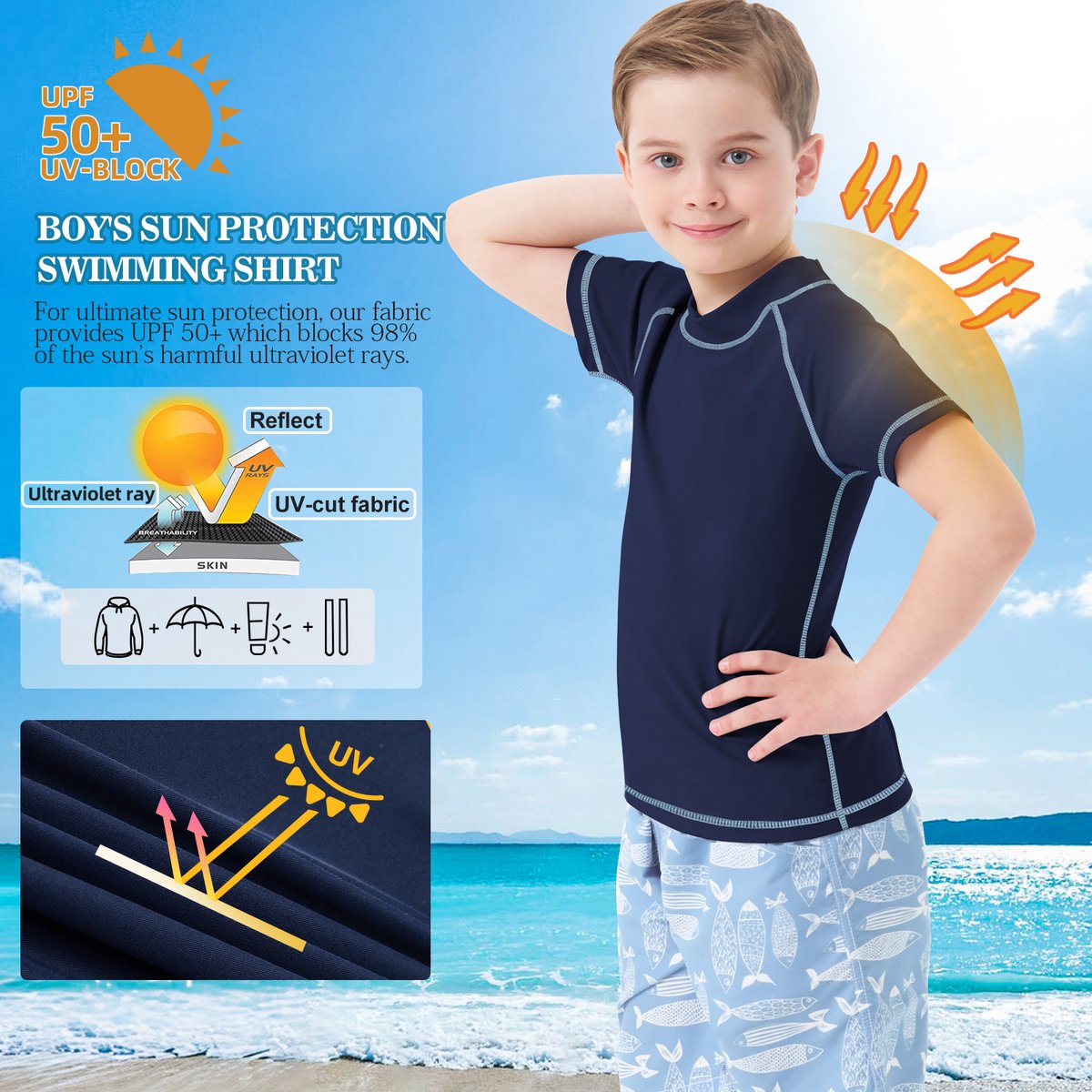 MEETHOO Jongens zwemshirt met korte mouwen, kinderzwemshirt met UV - bescherming, rashvest, surfshirt, snel drogend strandshirt - Korte mouwen - MARINE — afbeelding 4
