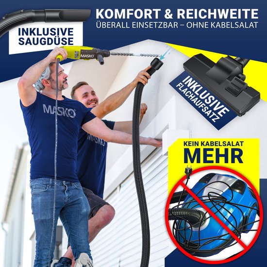 Twee mannen werken samen, één met een boormachine en de ander met de stofzuigerslang, op hoogte.