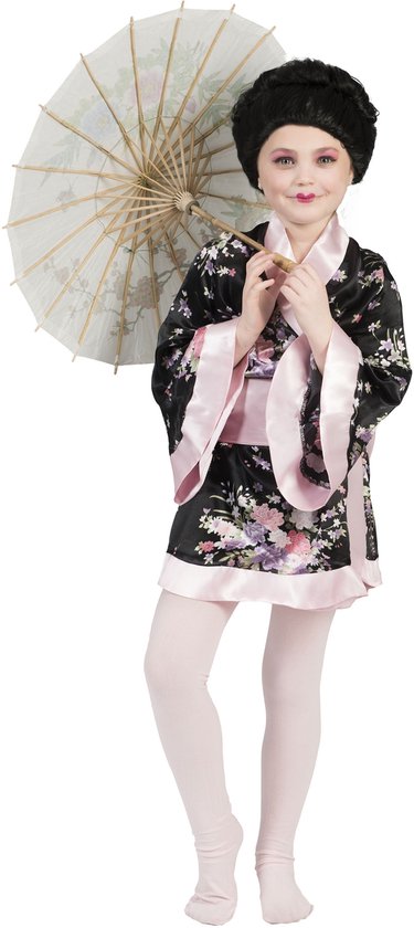 Funny Fashion - Aziatisch & Indisch Kostuum - Kimono Roze Met Bloemen - Meisje - roze - Maat 116 - Carnavalskleding - Verkleedkleding
