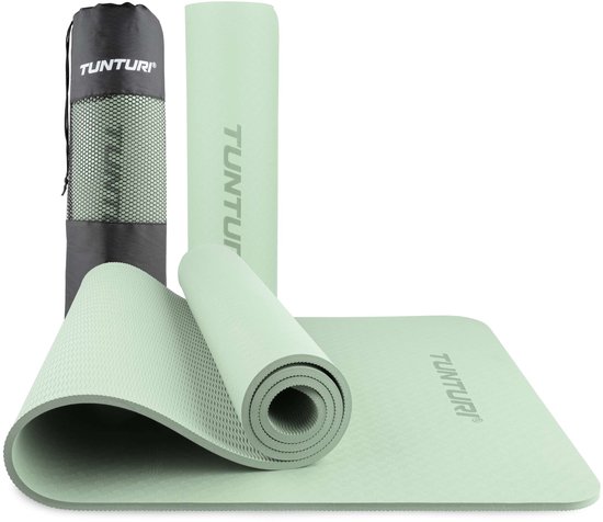 Tunturi Yoga Mat 8mm - Pilates mat - Extra dikke fitness mat - 183x61x0,8 cm - Incl Draagtas - Ecologisch materiaal - Eenvoudig te reinigen - Mint