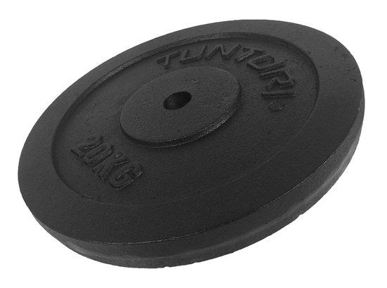 Zwarte gietijzeren halterschijf van 20 kg met "TUNTURI" en "20 KG" logo.