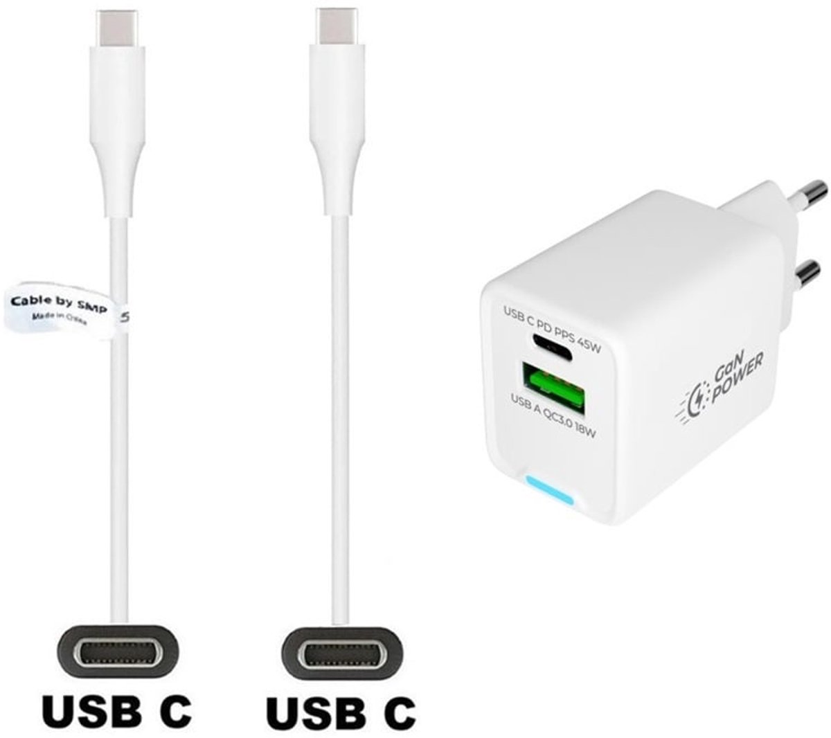 OneOne 45W super snellader met 2 poorten. Oplader met sterke 1,0m USB C naar C kabel. PD lader adapter past op Apple iPhone 16 Pro Max, iPhone 16e, iPad 9, iPad 10, iPad Air 4, iPad Air 5, iPad Mini 6, iPad Pro 11, iPad Pro 12.9