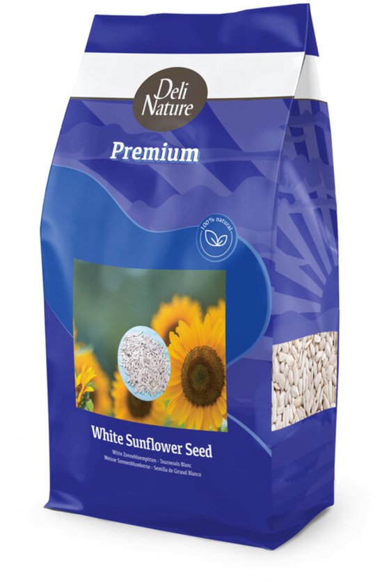 Blauwe zak Deli Nature Premium Witte Zonnepitten met afbeelding van zonnebloemen en witte zonnepitten.