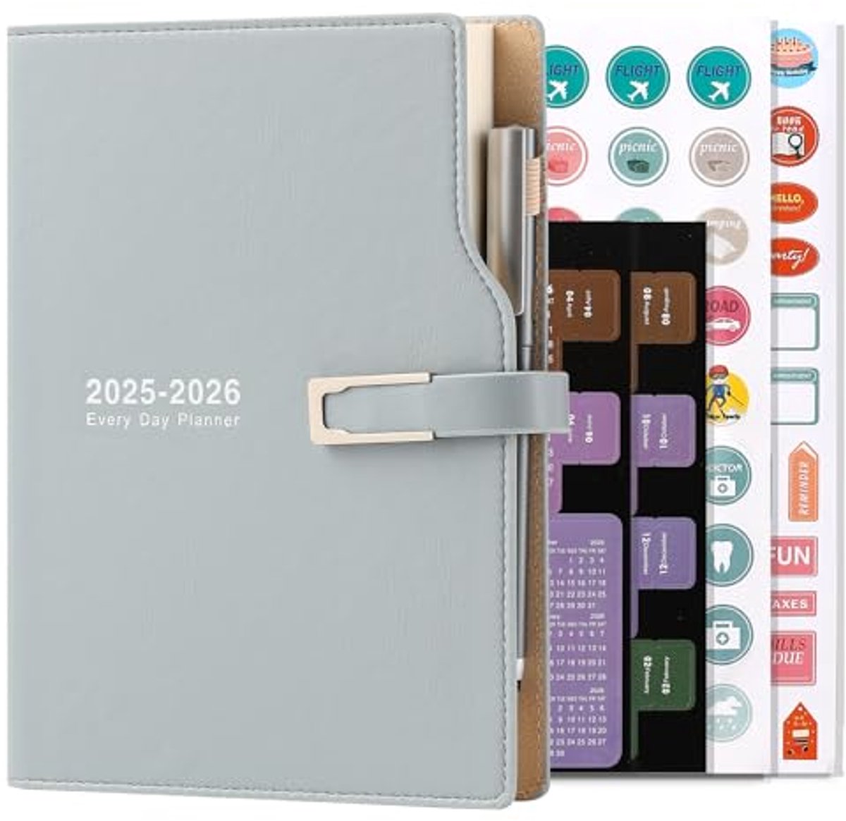 A5 Agenda 2025-2026, Dag per Pagina, Dagelijkse Planner, Kalenderstickers, Pennenhouder, 14 x 21,5 cm (Blauw)