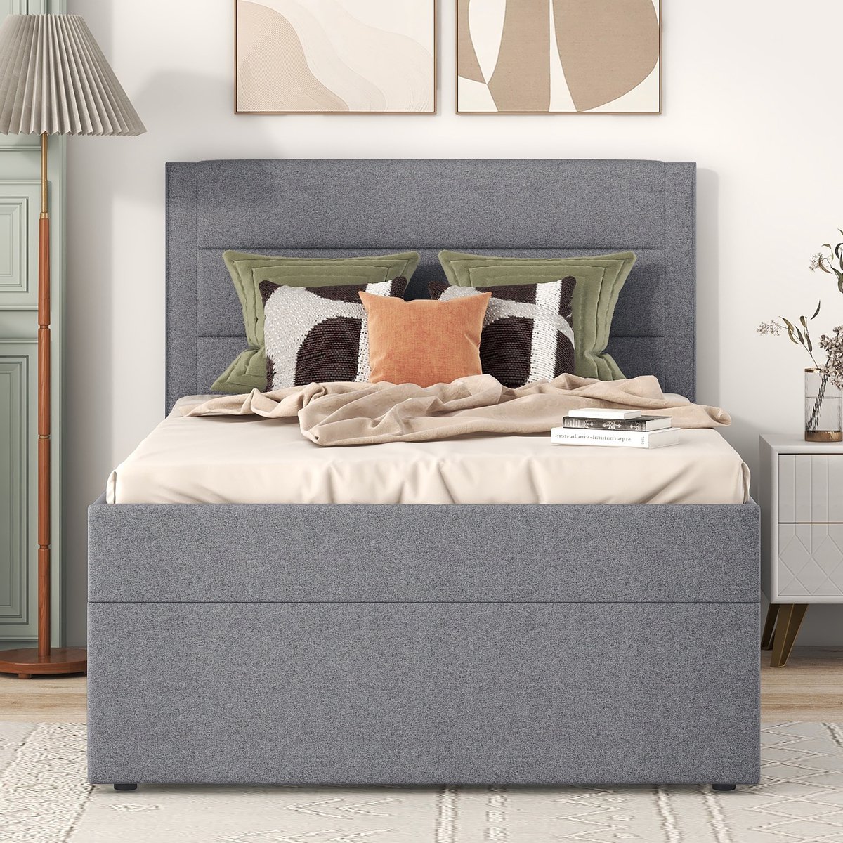 Merax Gestoffeerd bed 90 x 200 cm - eenpersoonsbed met metalen frame - met veel opbergruimte - zonder matras - grijs