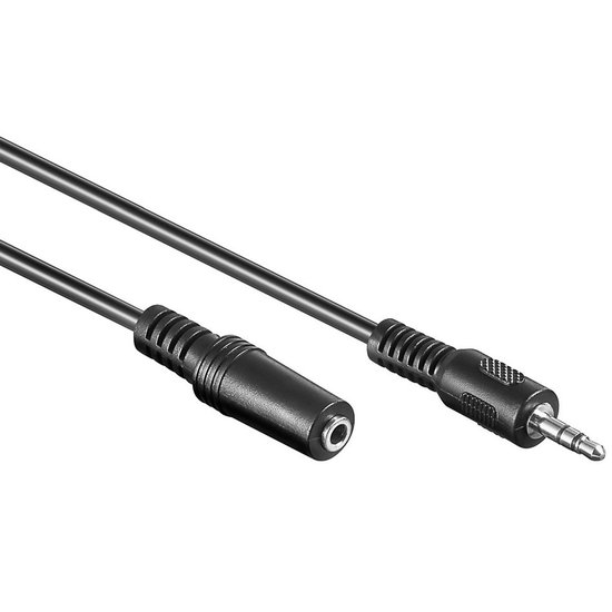 Zwarte 3,5mm jack audiokabel met een vrouwelijke en mannelijke connector.
