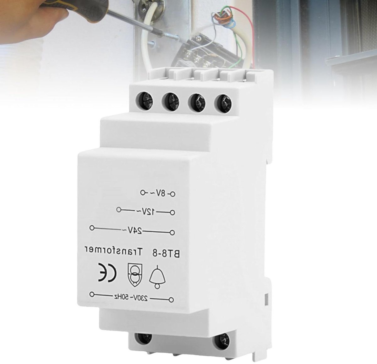 Allecto Plus - Beltransformator voor deurbel met 8V 12V 24V, geschikt voor gong, DIN-rail montage, wit.