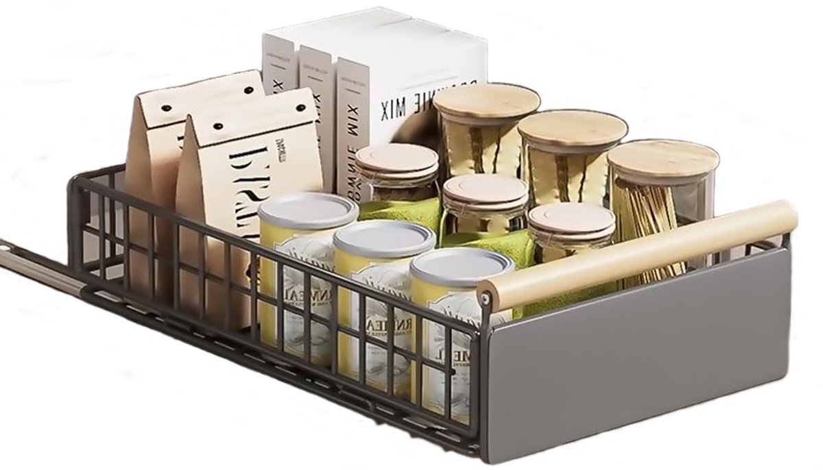 Azomor® Uitschuifbare lade-organisator met houten handgreep voor keuken en badkamer