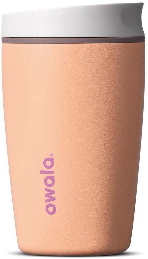 Peachy Keen Owala SmoothSip beker met witte deksel.