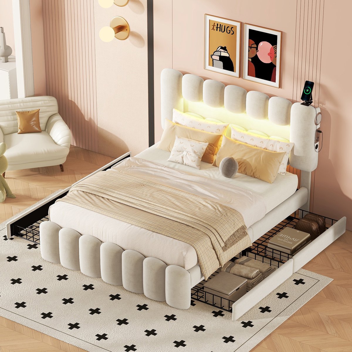 SINGULARITY-140 x 200 gestoffeerd bed- gestoffeerd bed met 4 lades- gestoffeerd bed met LED-lichtbalk met USB en stereosysteem- beige- zonder matras