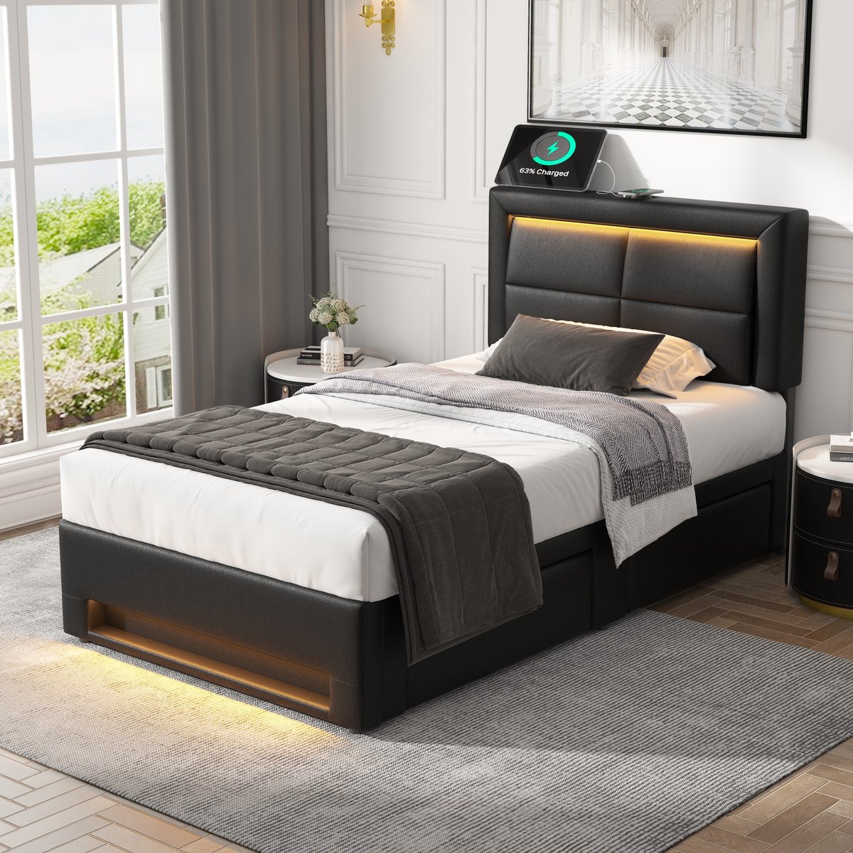 Singularity Gestoffeerd bed 90x200 cm- met USB-aansluiting- met LED-verlichting en vier lades- zonder matras- PU-lychee-patroon- zwart