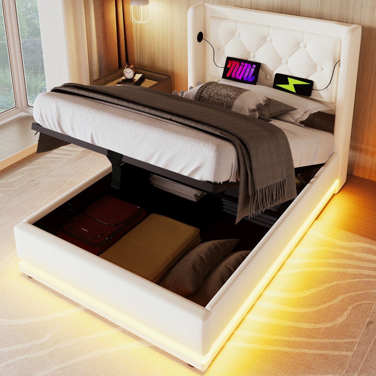 Singularity Gestoffeerd eenpersoonsbed 90 x 200 cm- hydraulisch opbergbed- hoofdbord met USB Type-C- 3-zijdige LED- met matras Wit