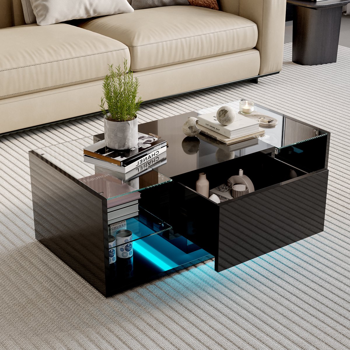Salontafel 100x50x35cm – Zwart Hoogglans met LED Licht, Lade en Opbergruimte, Modern en Functioneel Design voor Woonkamer