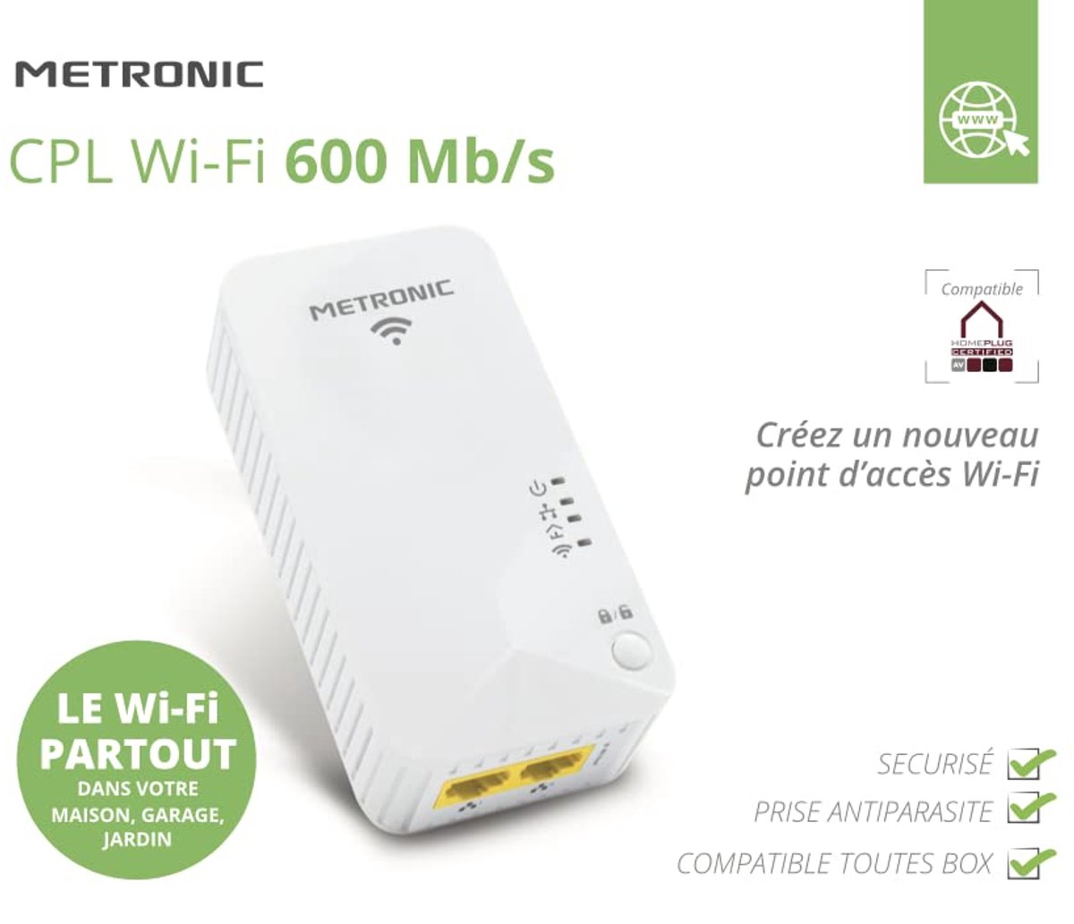 CPL-stopcontact Wifi 600 MB/s met 2 Fast Ethernet-poorten 100 MB/s - wit