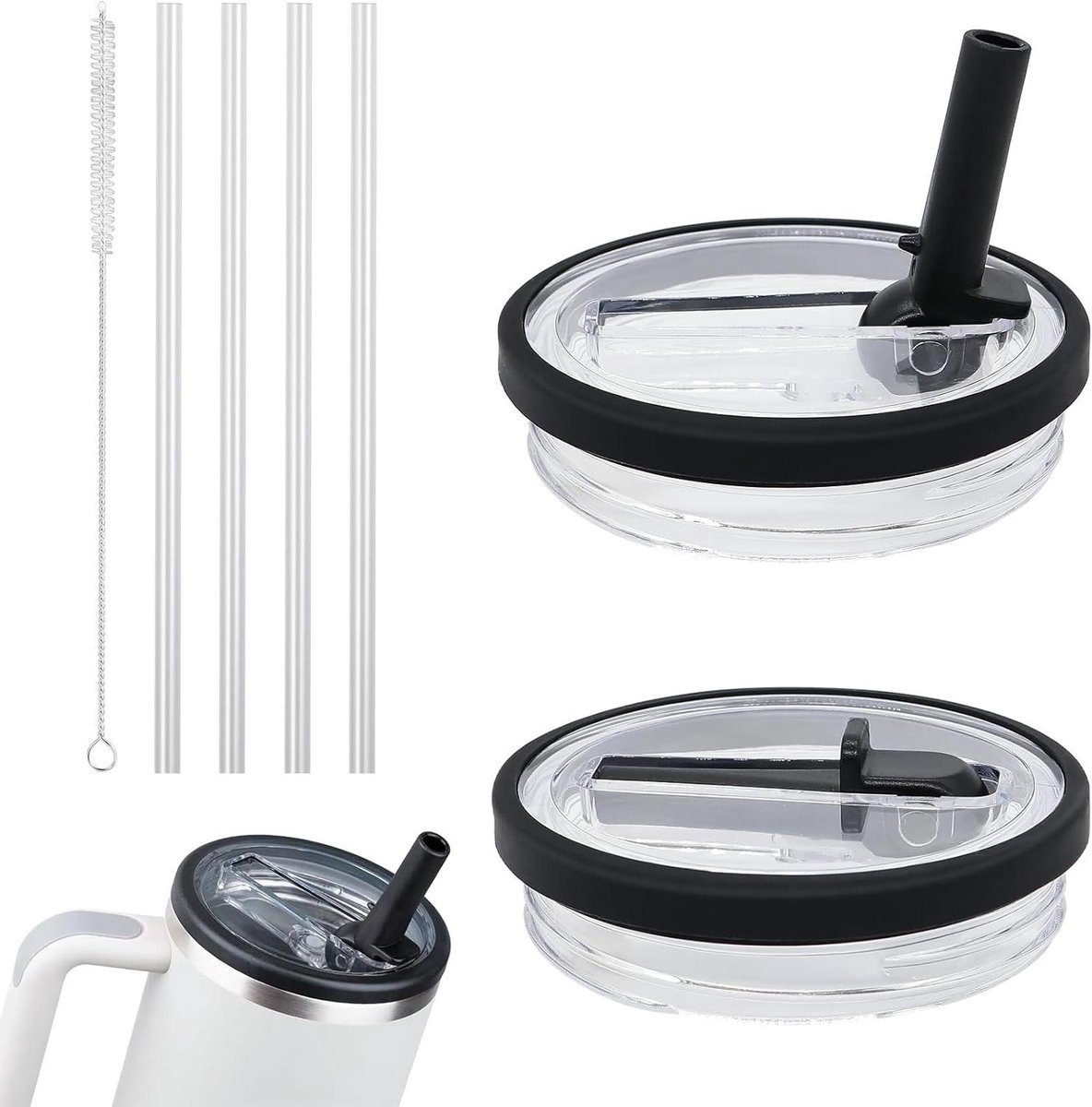 Allecto plus - Lekvrije deksels voor drinkbekers - 102 ml - 2 stuks - Rietjes en rietjesborstel - Herbruikbare accessoires - Zwart