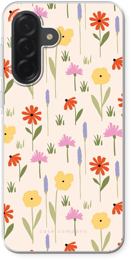 Transparante telefoonhoes met een zacht gekleurde achtergrond en een patroon van rode, gele en roze bloemen met groene blaadjes.