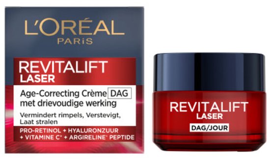Doosje en rood potje L'Oréal Paris Revitalift Laser X3 dagcrème.