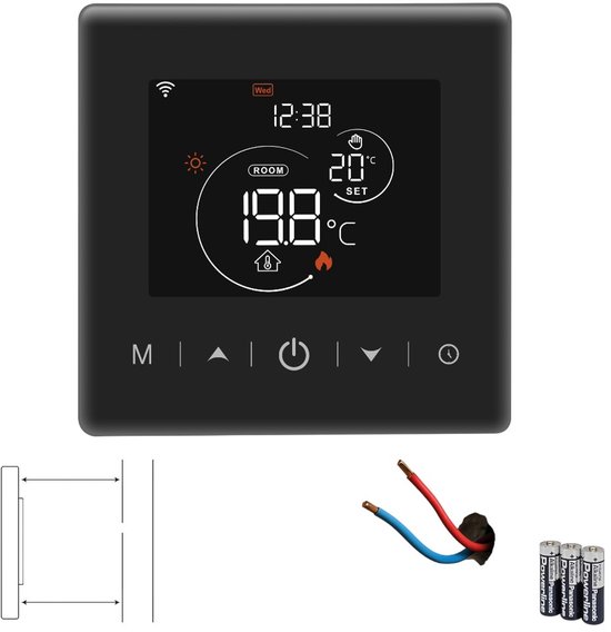 Slimme Wifi Opbouw Thermostaat met tiptoetsen | 3x AAA | geschikt voor 2-draads aansluiting | C.V. Installatie | Boiler | Zwart | 3amp | Slimme