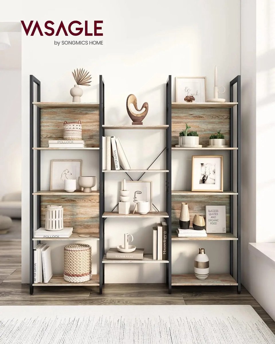 Boekenkast Ladderrek - 14 Planken - 24x158x166 cm - Houtkleur met Zwarte Stalen Frame - Ruimtebesparend - Industriële Stijl - Stevig - Totale Draagkracht 140 kg