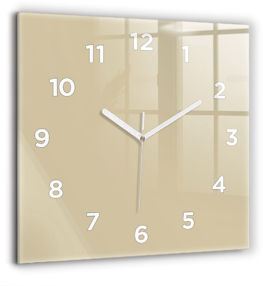 Wallfluent Wandklok - Beige Vierkante Glas Klok - 60 cm x 60 cm - Beige Wandklok - Witte Handen - Wandklok Met Cijfers - Wandklok voor in de Keuken - Vierkante Glazen Klok - Minimalistisch Wandklok - Vierkante Glazen Wandklok