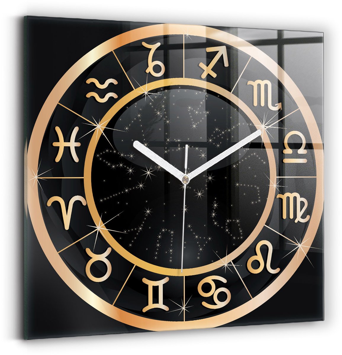 Wallfluent Wandklok - Zwarte sterrenbeelden Klok als Muurdecoratie - 30 cm x 30 cm - Zwart Wandklok - Witte Handen - Klok zonder getallen - Wandklok voor in de Keuken - Klok met Print - Kunstzinnige Klok - Stijlvolle Klok