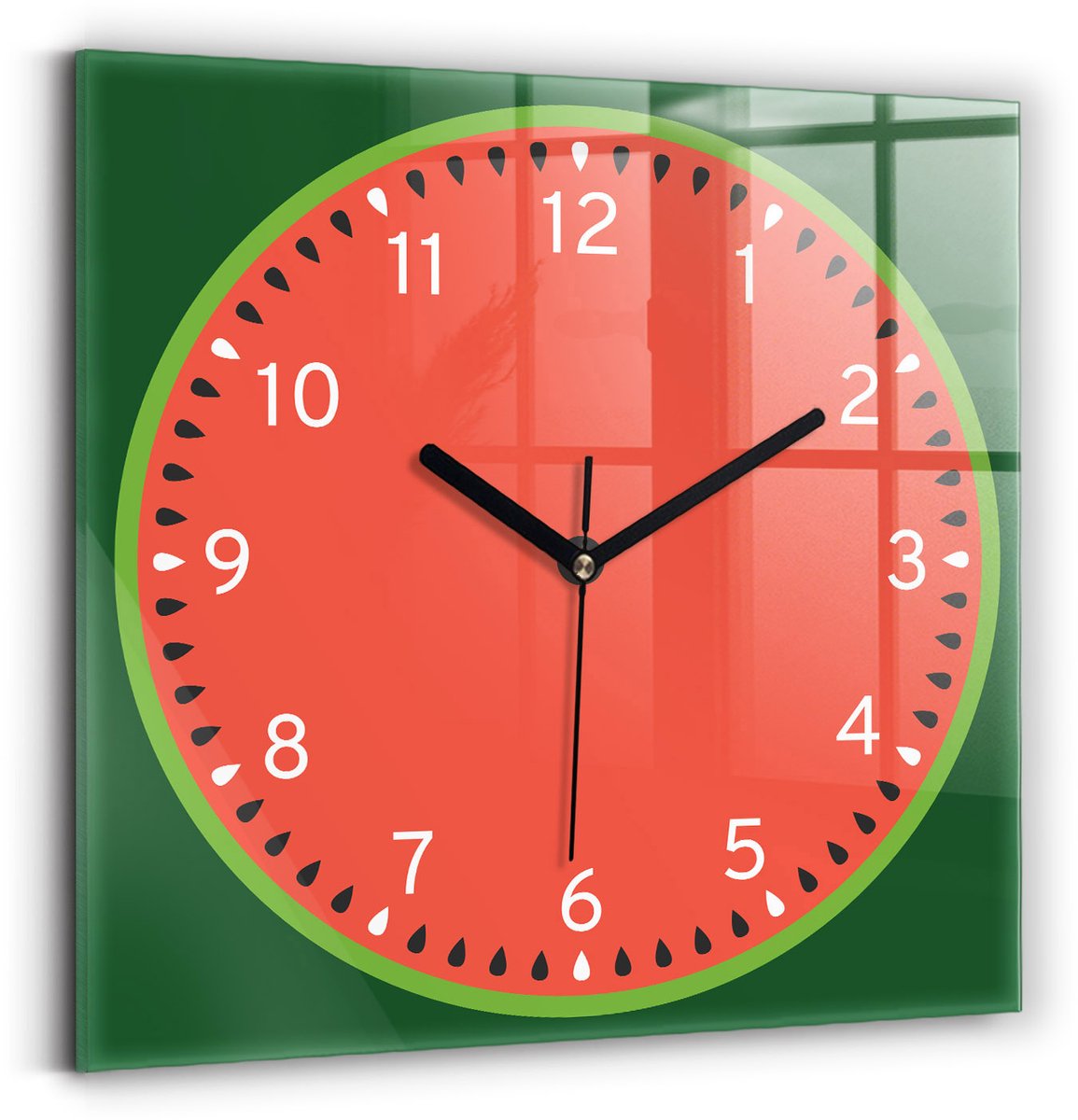 Wallfluent Wandklok - Zoete watermeloen Klok met Afbeelding - 30 cm x 30 cm - Rood Wandklok - Zwarte Handen - Klok zonder getallen - Kinder Wandklok Glas - Klok als Muurdecoratie - Modieuze Klok - Klok als Muurdecoratie