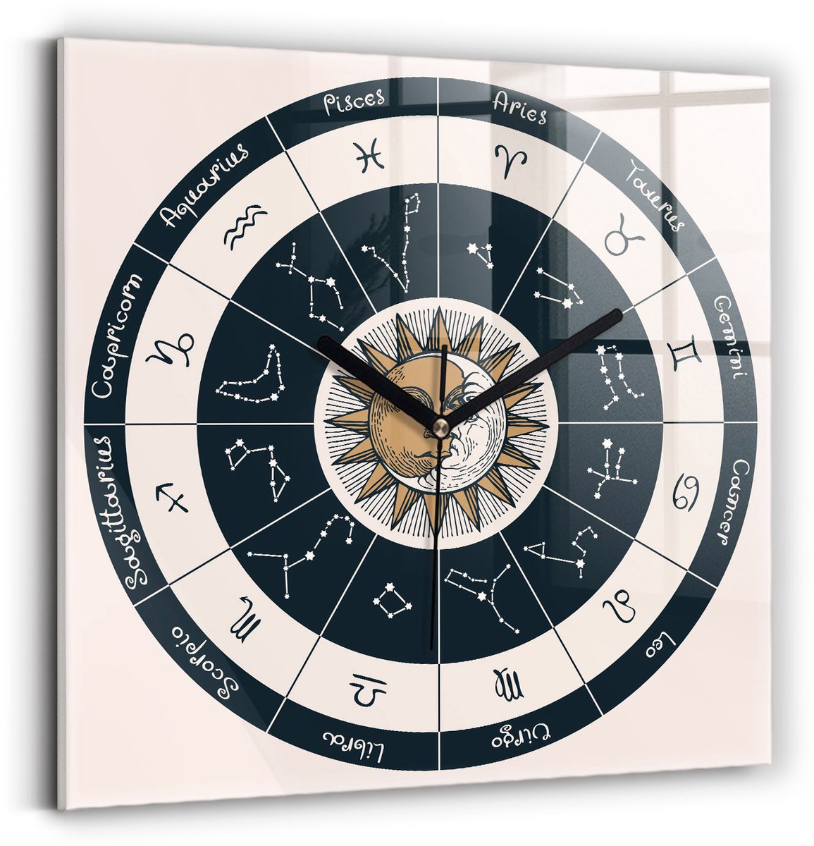 Wallfluent Wandklok - Dierenriemconstellaties Klok met Afbeelding - 30 cm x 30 cm - Veelkleurig Wandklok - Zwarte Handen - Klok zonder getallen - Wandklok voor in de Keuken - Unieke Wandklok - Minimalistische Klok - Klok als Muurdecoratie