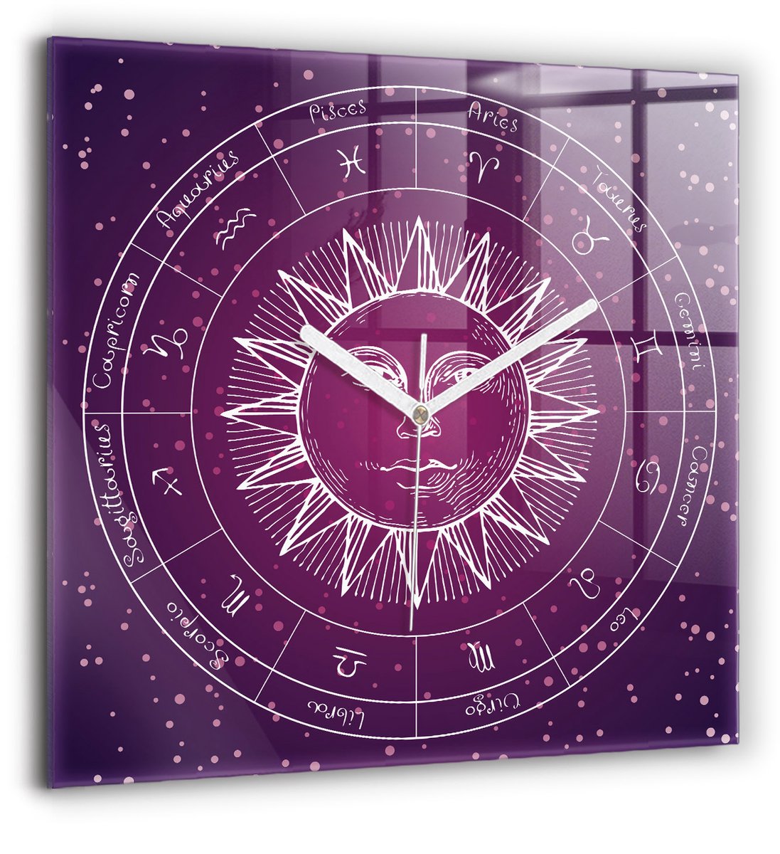 Wallfluent Wandklok - Dierenriemconstellaties Decoratieve Wandklok - 60 cm x 60 cm - Roze Wandklok - Witte Handen - Wandklok zonder cijfers - Wandklok Glas Woonkamer - Klok met Afbeelding - Moderne Wandklok - Klok met Print