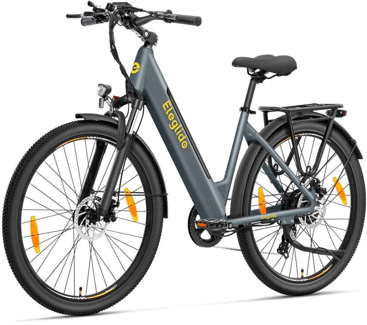 Eleglide T1 Step-Thru elektrische trekkingfiets 27,5 Inch CST-banden 36V 13Ah accu 250W borstelloze motor 25Km/h Shimano 7 versnellingen 100km maximaal bereik IPX4 waterdicht 120kg maximale belasting Dubbele schijfremmen - Grijs - Eleglide - €749,00