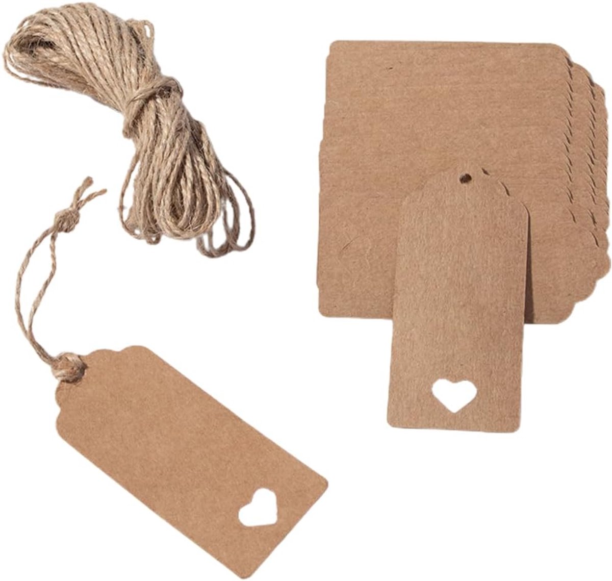Labels - Pak van 100 kraftpapieren cadeaulabels, met jute touw - 100 stuks - 9×4 cm - Kraftpapier labels - Geschikt voor bagage, knutselspullen, prijskaartjes, doe-het-zelf - Bruin