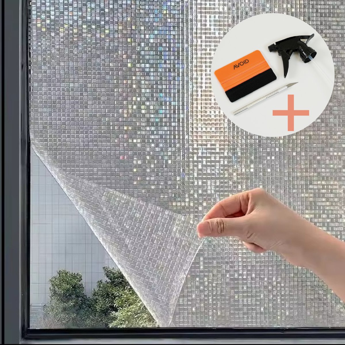 AVOID® Zelfklevende HR++ Raamfolie – 60x300cm – Privacy & Isolatie – Mozaïek Effect bij Zonlicht – Statische Plakfolie – Eenvoudig Aanbrengen – Incl. Rakel, Mesje en Spuit