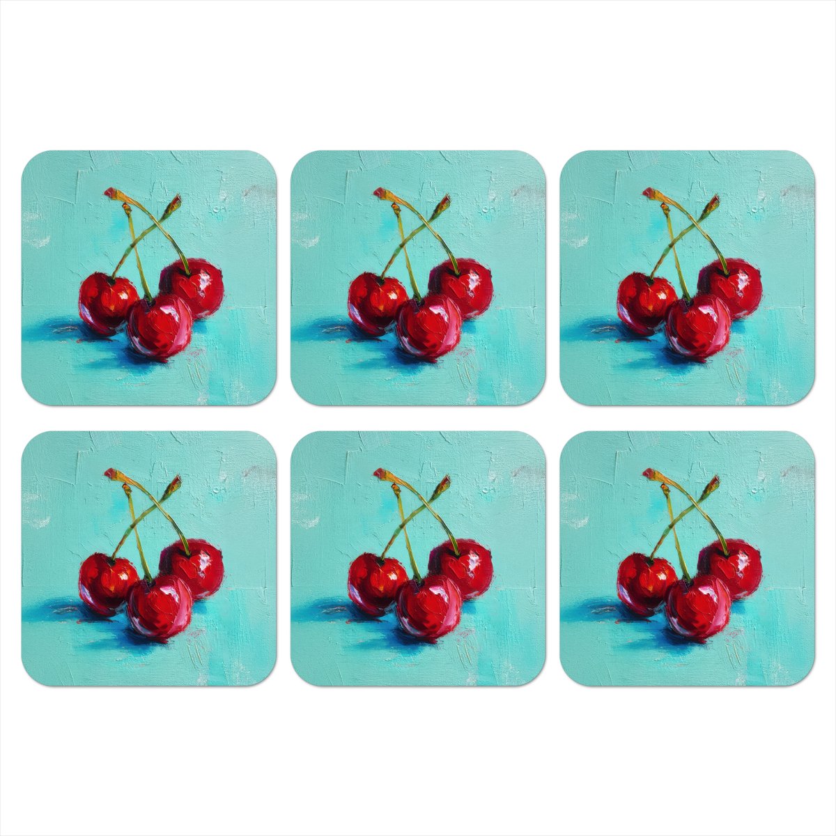 Onderzetters voor glazen - Kersen - Rood - Drie - Geverfd - 10x10 cm - Glasonderzetters - 6 stuks