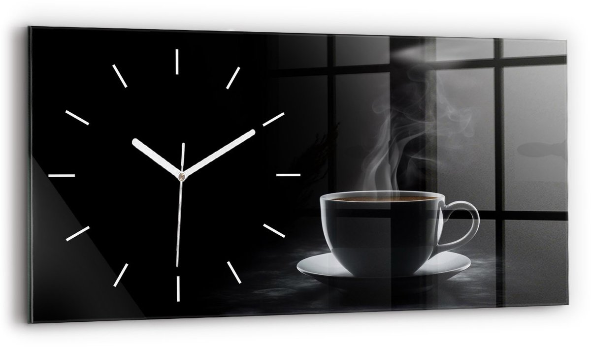 Wallfluent Wandklok - Een kopje zwarte koffie Stijlvolle Klok - 60 cm x 30 cm - Zwart Wandklok - Witte Handen - Wandklok Zonder Cijfers - Kinder Wandklok Glas - Rechthoekige Glas Klok - Scandinavisch Wandklok - Klok met Print