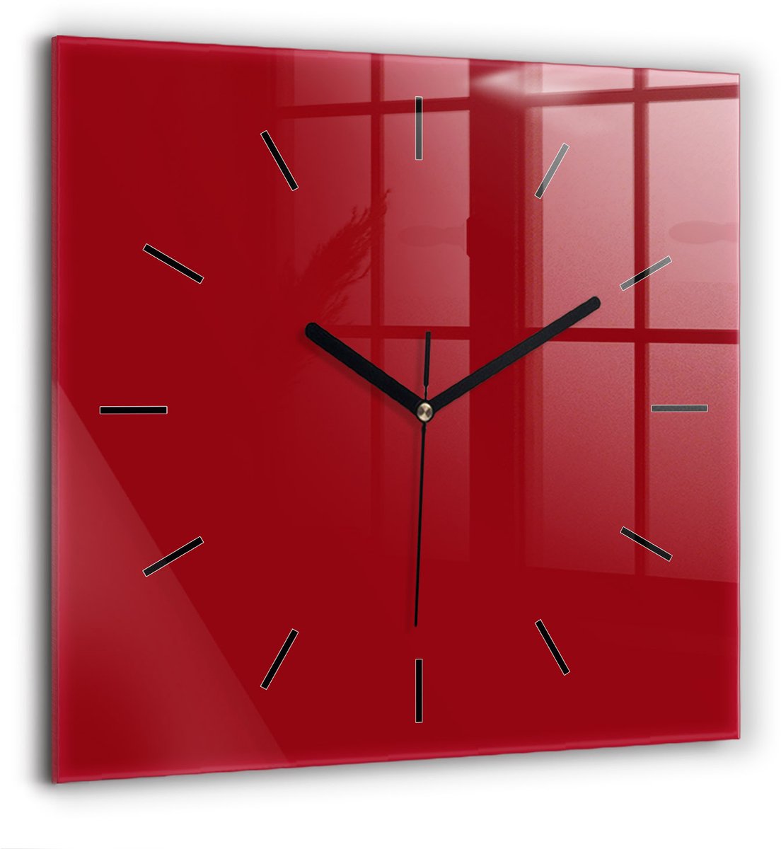 Wallfluent Wandklok - Rood Vierkante Glazen Klok - 60 cm x 60 cm - Rood Wandklok - Zwarte Handen - Wandklok Zonder Cijfers - Wandklok Glas Woonkamer - Vierkante Glazen Wandklok - Industrieel Wandklok - Vierkante Glas Klok
