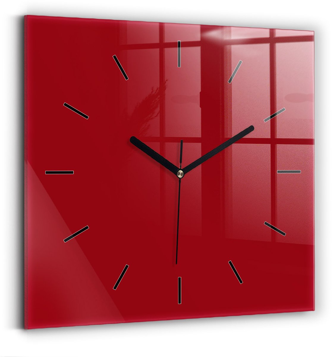 Wallfluent Wandklok - Rood Vierkante Glazen Klok - 30 cm x 30 cm - Rood Wandklok - Zwarte Handen - Wandklok Zonder Cijfers - Wandklok Glas Woonkamer - Vierkante Glazen Wandklok - Industrieel Wandklok - Vierkante Glas Klok