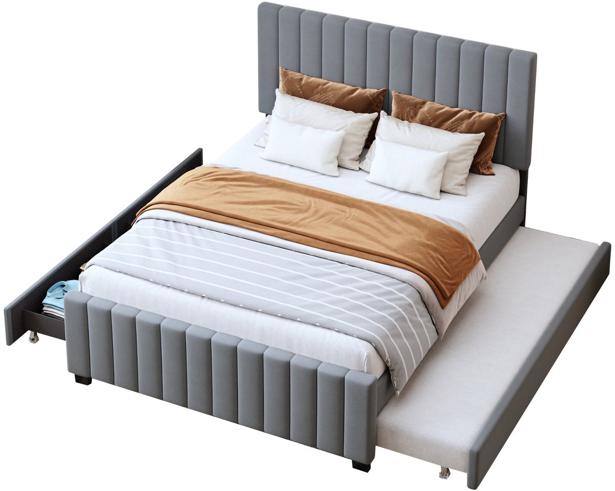 Merax Tweepersoonsbed 140x190 cm met Uitschuifbaar Bed 90x190 - 2 Lades - Kinderbed - Jongerenbed - Gastenbed - Fluweel Grijs