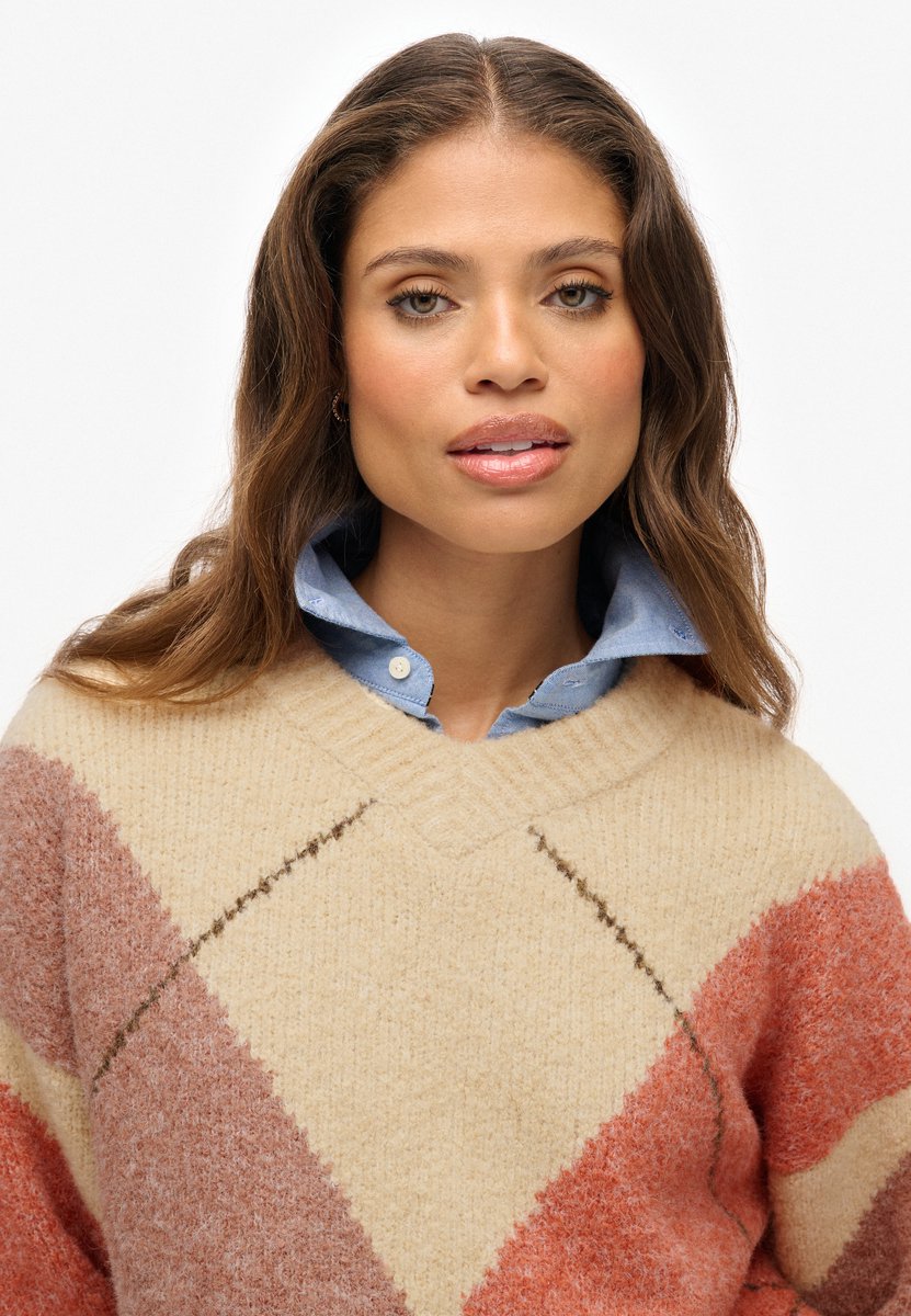 Superdry Oversized Argyle-trui met V-hals Dames Sweaters Multicolor
