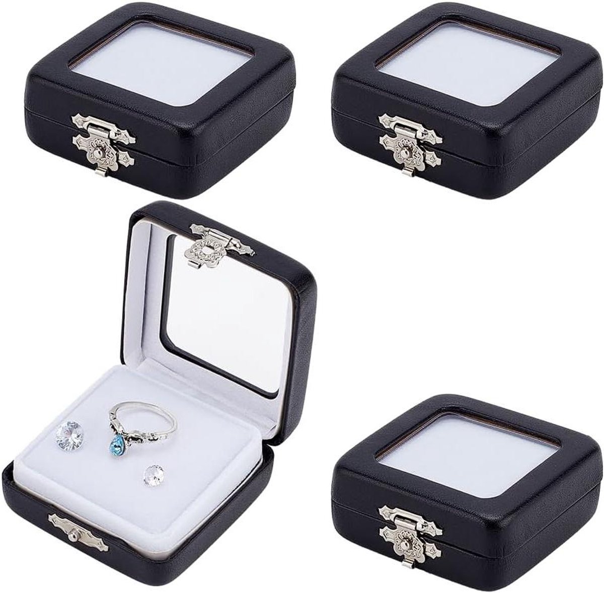 Allecto plus - Luxe PU-leer - Sieraden opbergbox - 4 stuks - Zwart - Diamant display - Juwelen organizer