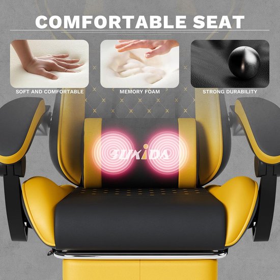 Gele Gamingstoel met Voetsteun en Massagekussen - Ergonomische Spelstoel voor Volwassenen — afbeelding 4