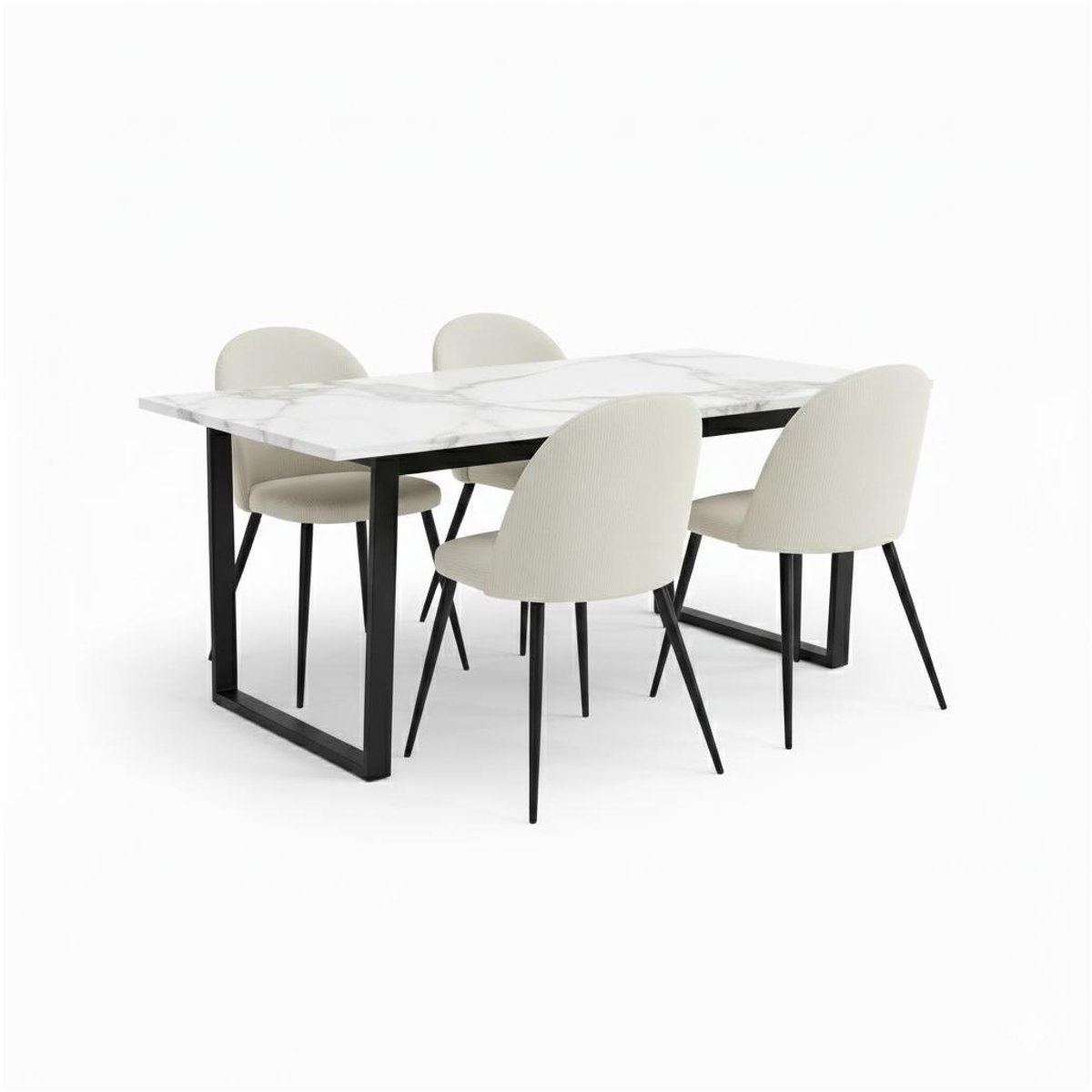 Tilst eethoek eettafel wit marmer print en 4 stoelen fluweel beige.