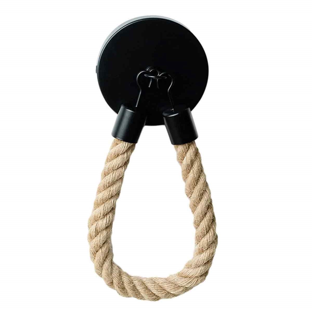 EXCITAT Wandgemonteerde toiletrolhouder met touw - Toiletrolhouder - Vintage houten wandgemonteerde toiletrolhouder - Metaal en henneptouw - Zwart - 1 artikel