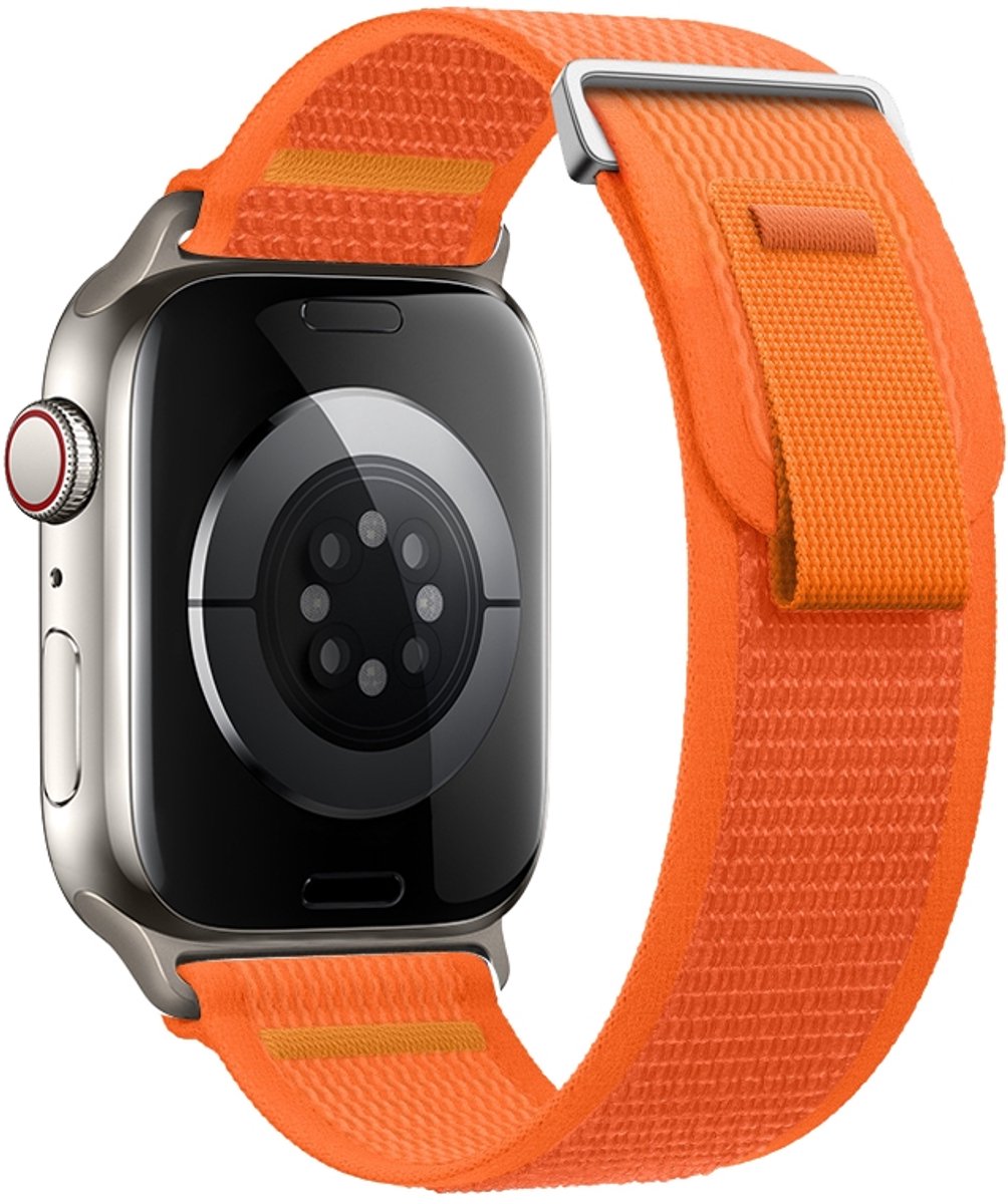 Nylon bandje - geschikt voor Apple Watch 1/2/3/4/5/6/7/8/9/10/11/ SE (1,2,3) met maat 38 mm / 40 mm / 41 mm en 42 mm (Watch 10/11) - klittenband - oranje
