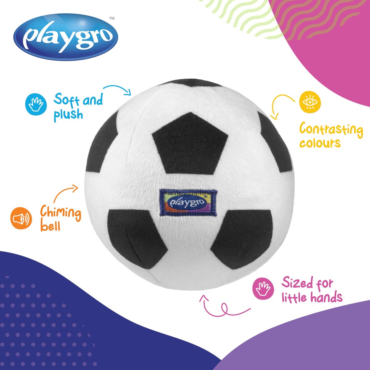 Playgro Baby Pluche Voetbal - Mijn eerste bal - Baby bal - Baby speelgoed - Voetbal Baby - Zachte Baby bal - Rammelaar Baby - Baby bal - Baby Speelgoed - Educatief baby speelgoed - Rammelaar - Zwart Wit - Belletje - 13cm — afbeelding 13