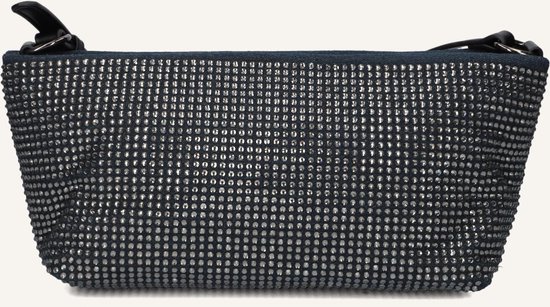 Donkerblauwe tas versierd met zilveren steentjes, met een zwarte stoffen rand.