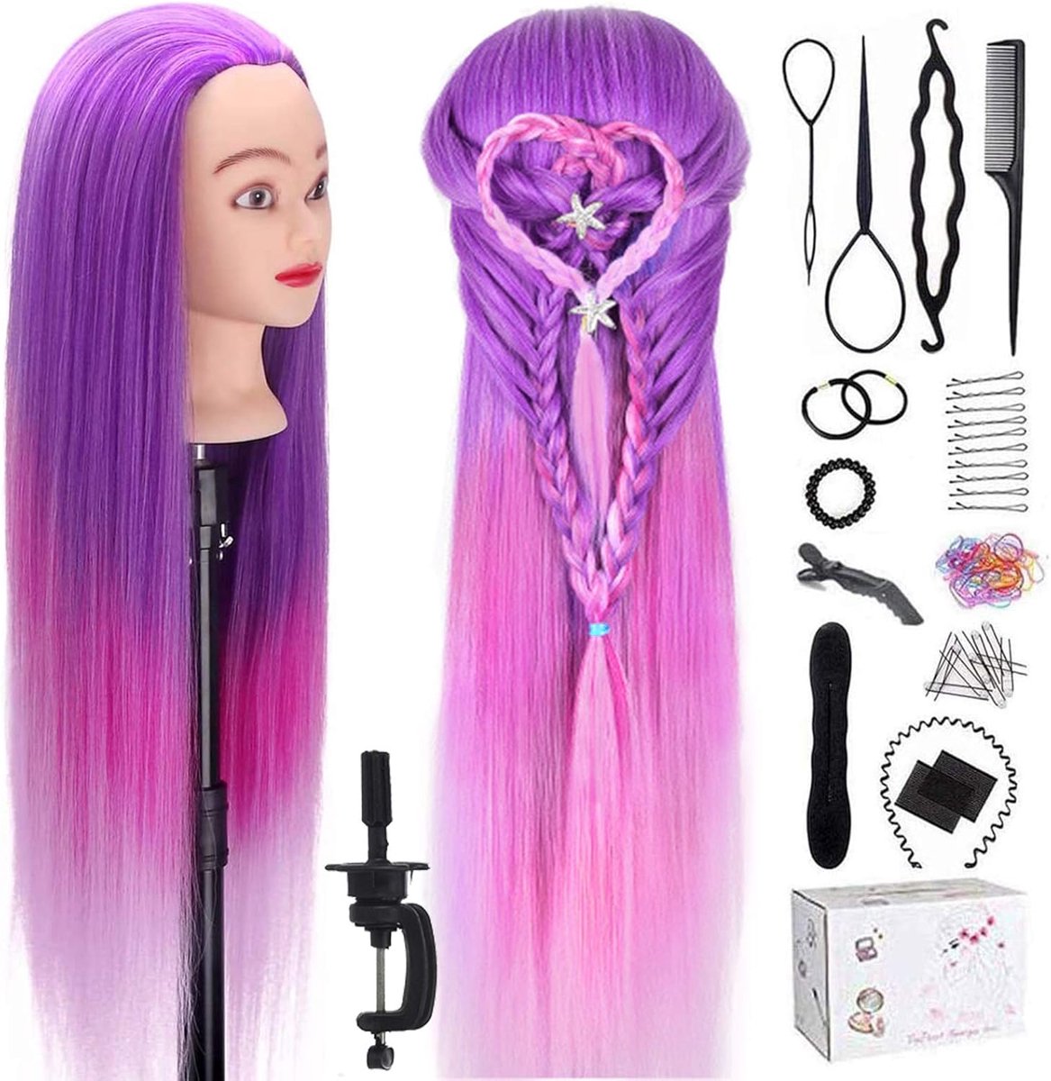 Oefenhoofd voor Kappers - 75 cm Cosmetica Pop met 100% Synthetisch Haar en Vlechtset