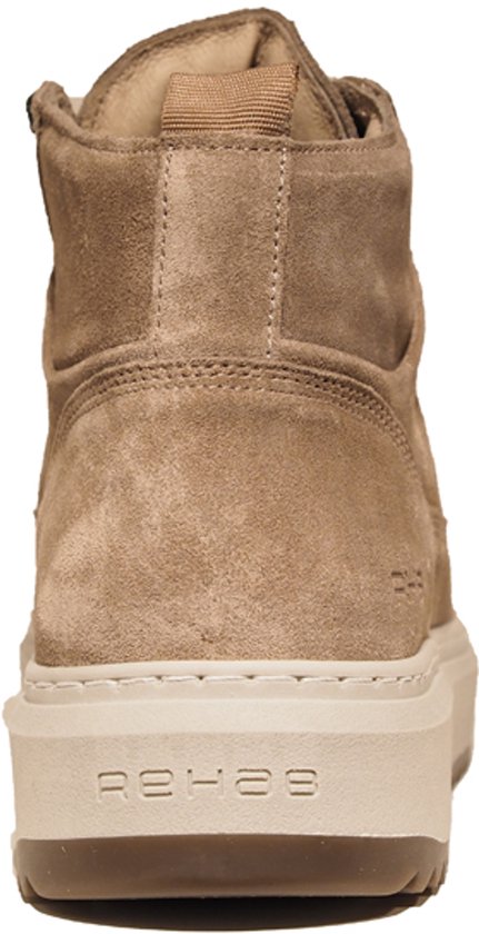Achterkant van een taupe suède hoge schoen met veters en een witte zool met 'Rehab'-logo.
