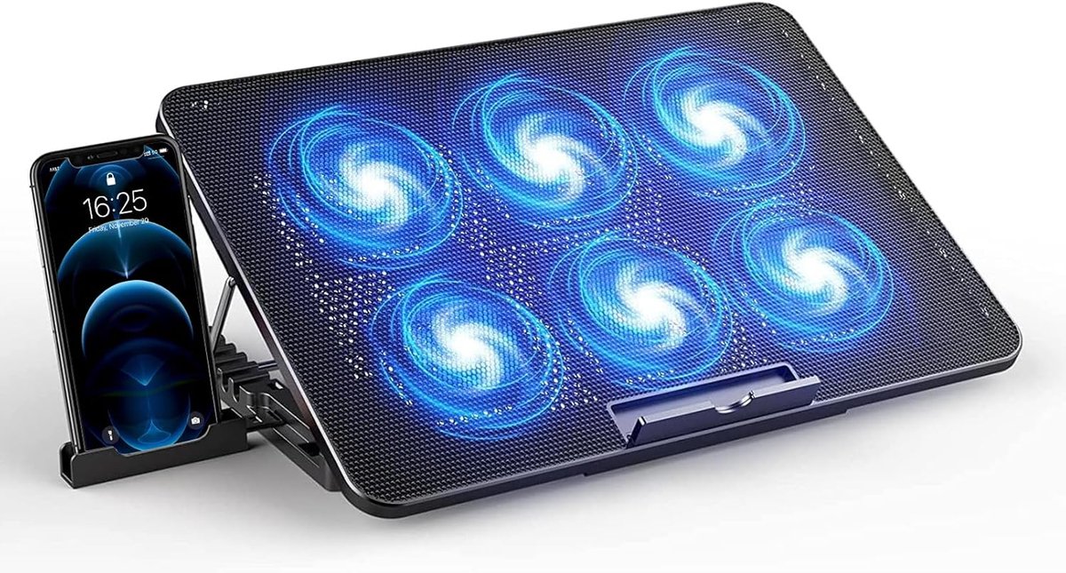 Laptopkoeler met 6 ventilatoren, hoogte verstelbaar en telefoonhouder