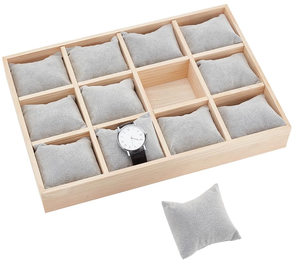 Wooden Watch Organizer with 12 Slots, Watch Holder with Removable Velvet Cushions, Stackable Jewelry Bracelet, Drawer Storage Box, Watch Display Case, Grey