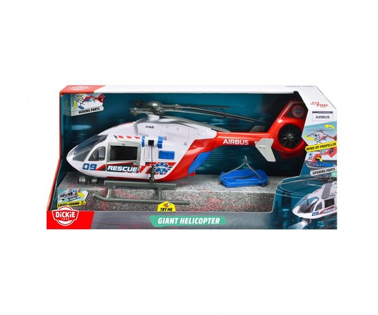 Dickie Toys Airbus H145 reddingshelikopter in verpakking, met bewegende onderdelen en licht & geluid.